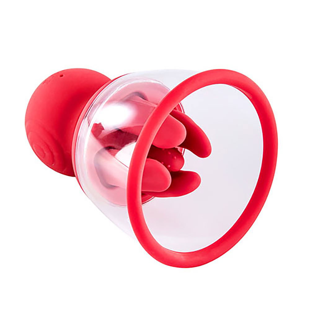 Adam & Eve Squeeze-N-Please Pump in red, a transparent cup stimulator with massaging fingers and squeeze bulb